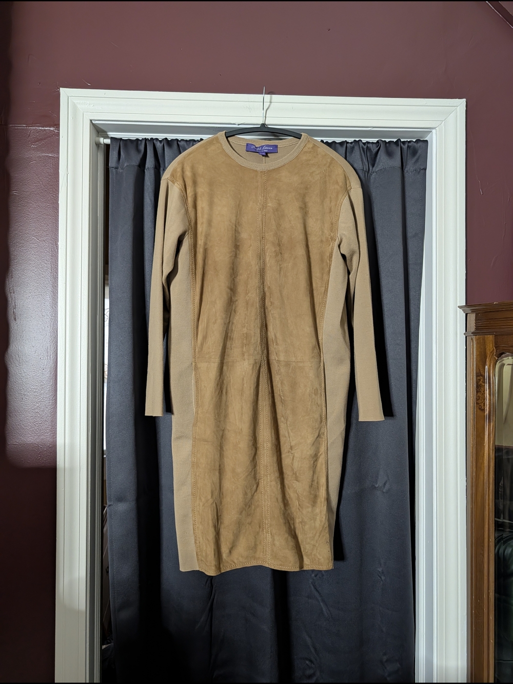 Ralph Lauren Purple Label Suede Leather Front Long Sleeve Knit Dress Camel/Tan